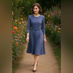 Braun Style Vintage Dark Blue Vintage Long Sleeve Belt Dress M